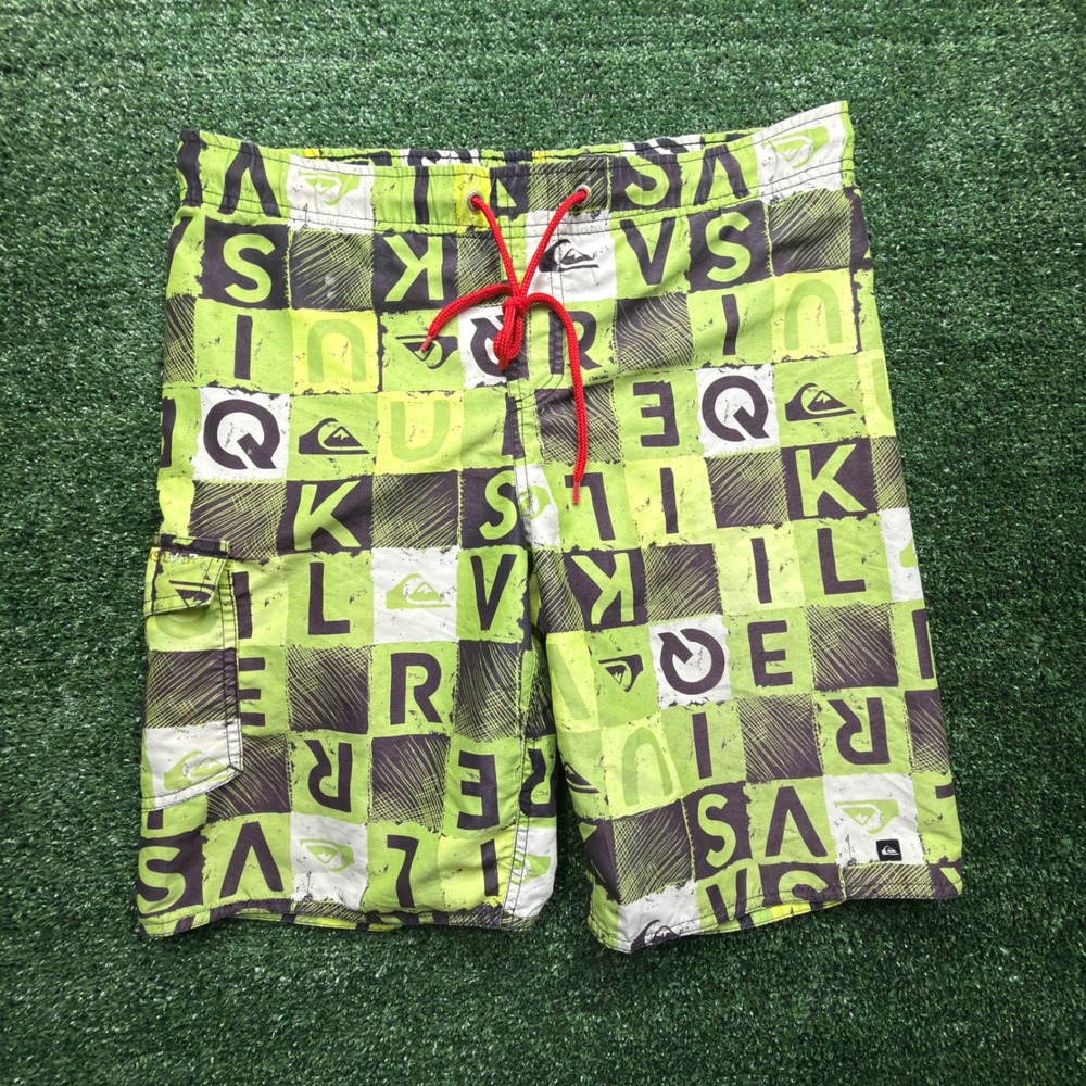 Quiksilver Mens Board Shorts Lime Green Black Checkered Letter Print Size 32